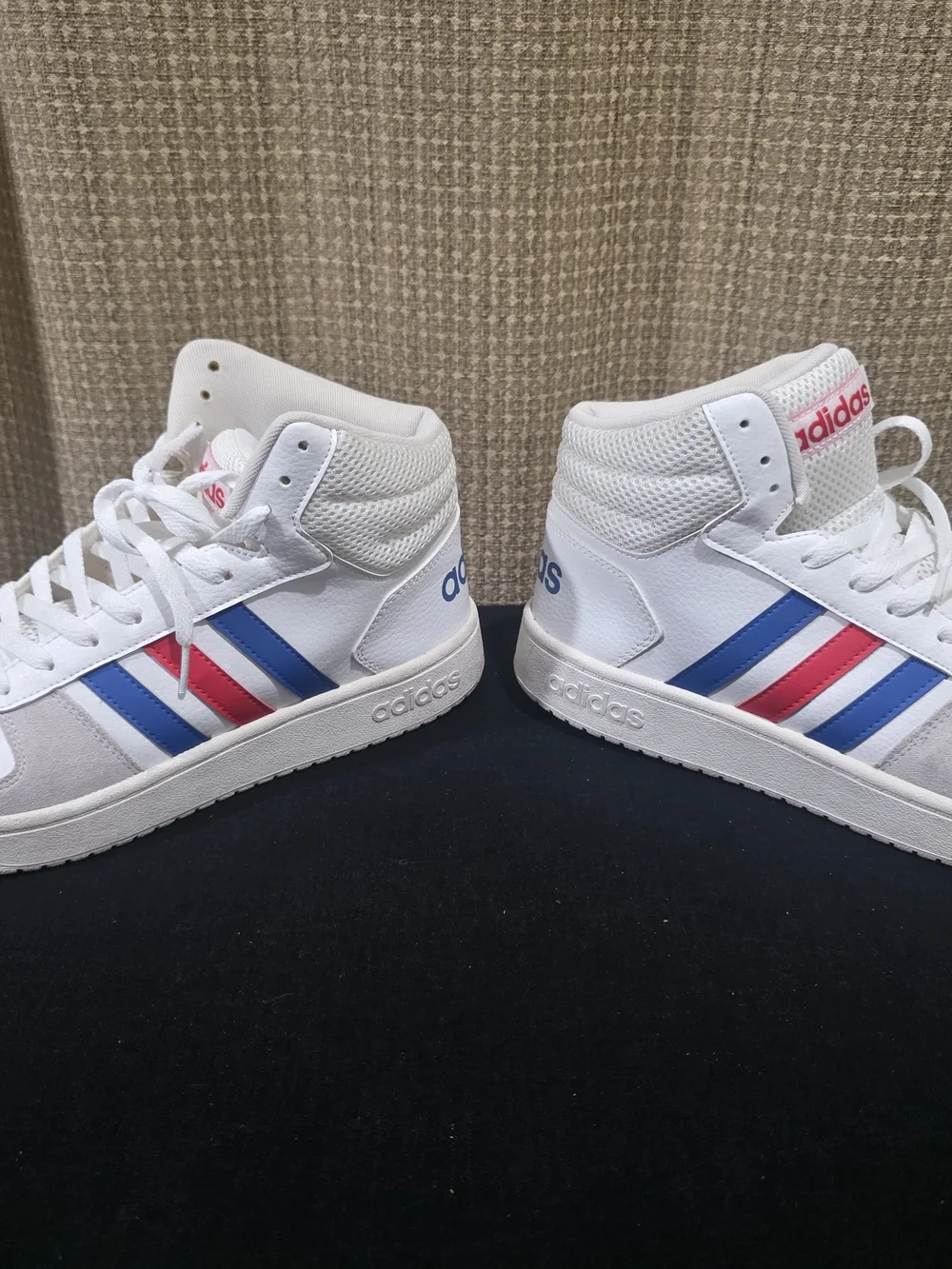 adidas White High-Top Sneakers with Blue & Pink Stripes